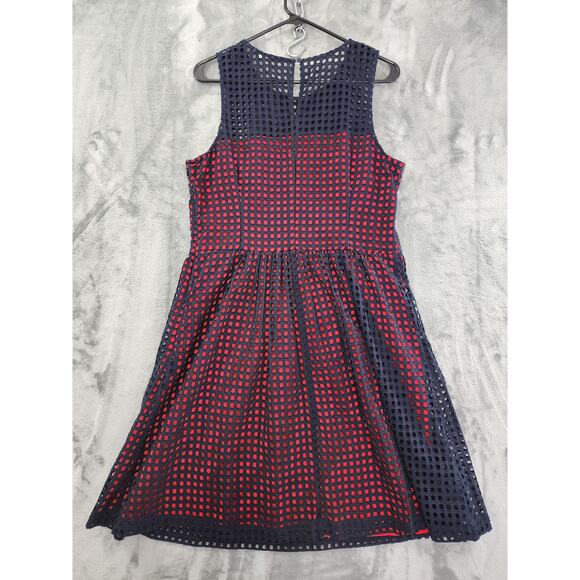 Banana Republic Sleeveless Eyelet Fit & Flare Dress Size 14 Red Blue Overlay - Picture 2 of 9